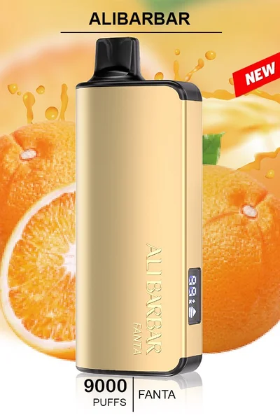 ALIBARBAR INGOT Fanta disposable vape, offering 9000 puffs with a fizzy, citrus soda flavor in a sleek design.