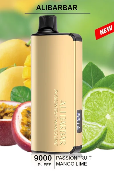 ALIBARBAR INGOT Passionfruit Mango Lime disposable vape, offering 9000 puffs with a tropical flavor trio in a sleek design.