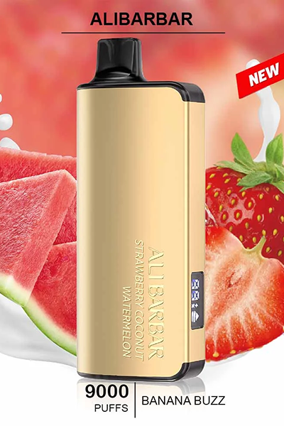 ALIBARBAR INGOT Strawberry Coconut Watermelon disposable vape, offering 9000 puffs with a tropical fruit blend in a sleek design.