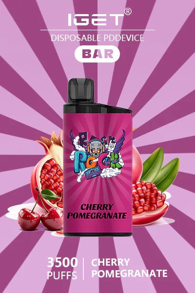 IGET BAR Cherry Pomegranate disposable vape, offering 3500 puffs of sweet cherry and tart pomegranate flavor in a sleek, portable design.