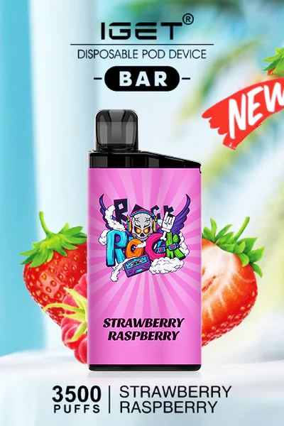 IGET BAR Strawberry Raspberry disposable vape, offering 3500 puffs of sweet strawberry and tangy raspberry flavor in a portable design.