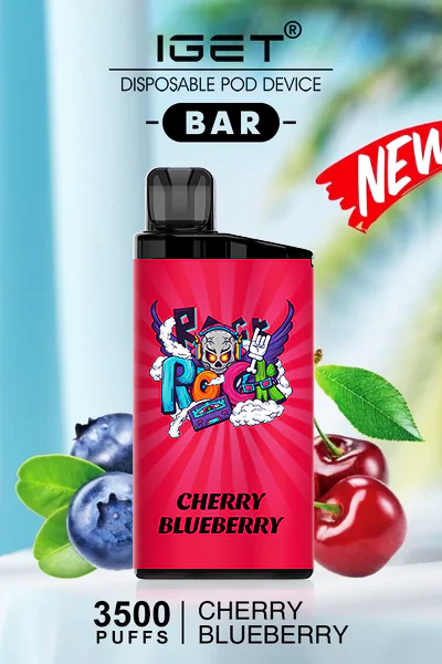 IGET BAR Cherry Blueberry disposable vape, offering 3500 puffs of sweet cherry and tangy blueberry flavor in a compact, portable design.