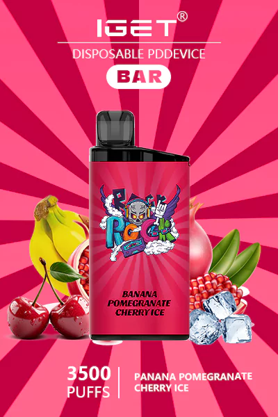 IGET BAR Banana Pomegranate Cherry Ice disposable vape offering 3500 puffs of tropical banana, tart pomegranate, sweet cherry, and a cool icy finish.