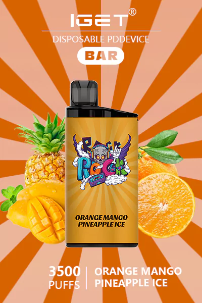 IGET BAR Orange Mango Pineapple disposable vape offering 3500 puffs of tropical citrus and fruit flavors, including orange, mango, and pineapple.