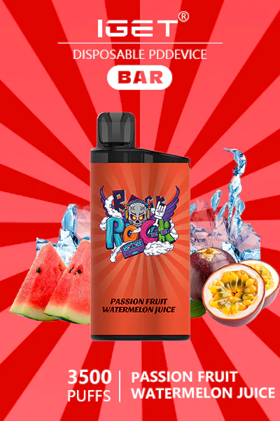 IGET BAR Passionfruit Watermelon Juice disposable vape offering 3500 puffs of sweet passionfruit and refreshing watermelon juice flavor in a sleek vape device.