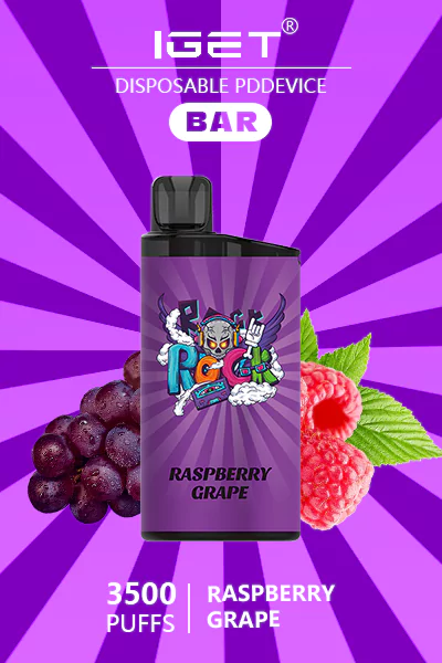 IGET BAR Raspberry Grape disposable vape offering 3500 puffs of sweet raspberry and grape flavor in a sleek and portable device.