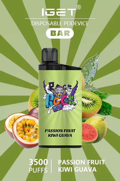 IGET BAR Passionfruit Kiwi Guava disposable vape offering 3500 puffs of tropical fruit flavors including passionfruit, kiwi, and guava.