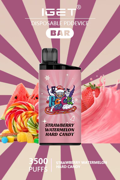 IGET BAR Strawberry Watermelon Hard Candy disposable vape, featuring a sweet blend of strawberry, watermelon, and candy flavors with 3500 puffs.