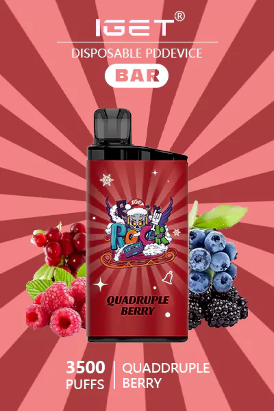 IGET BAR Quadruple Berry disposable vape featuring a mix of blueberry, raspberry, strawberry, and blackberry flavors with 3500 puffs.